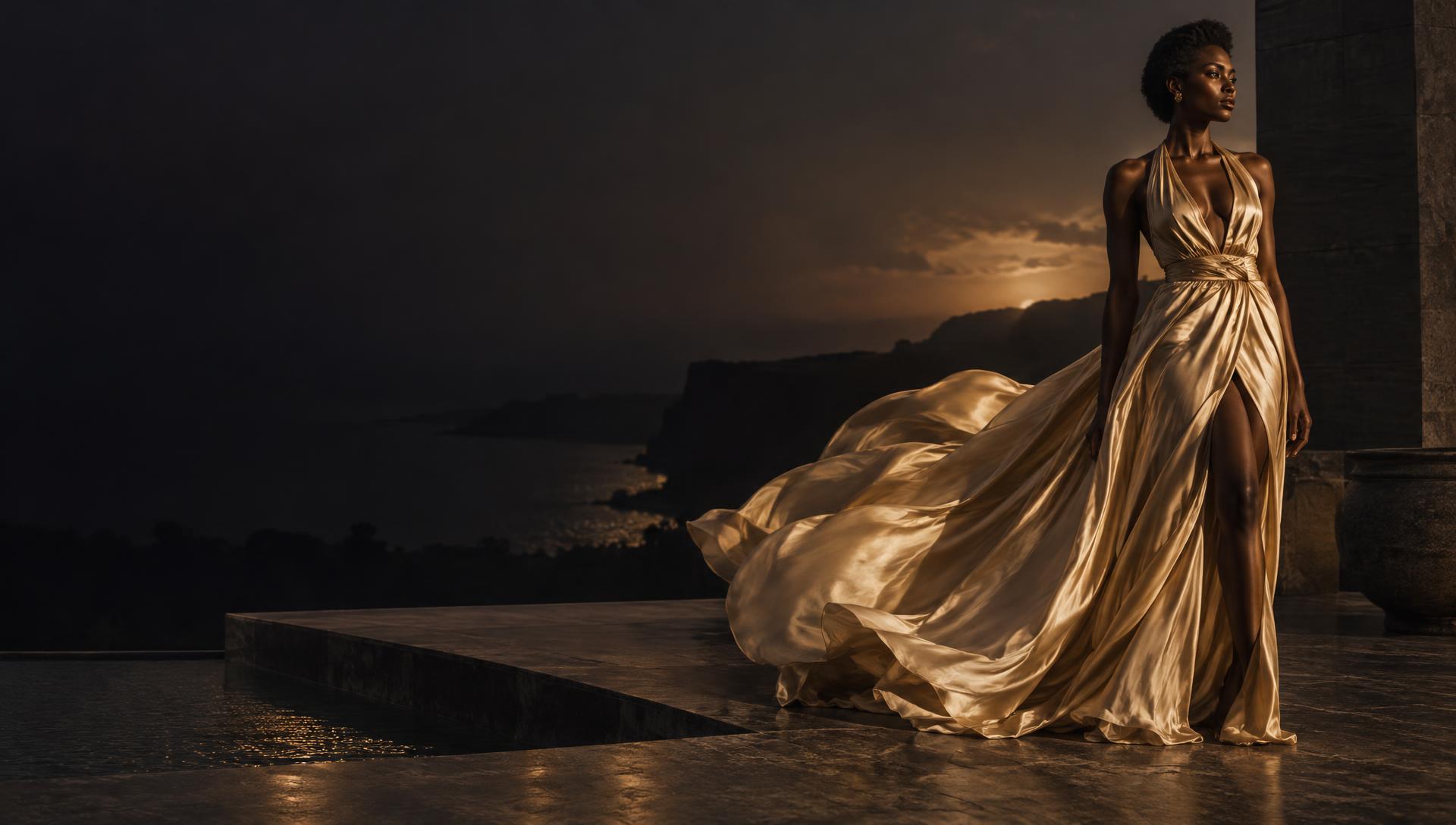 A woman in a flowing champagne silk gown on a terrace at dusk